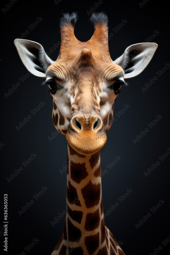 Naklejka premium Giraffe in front of a black background (AI Generated)