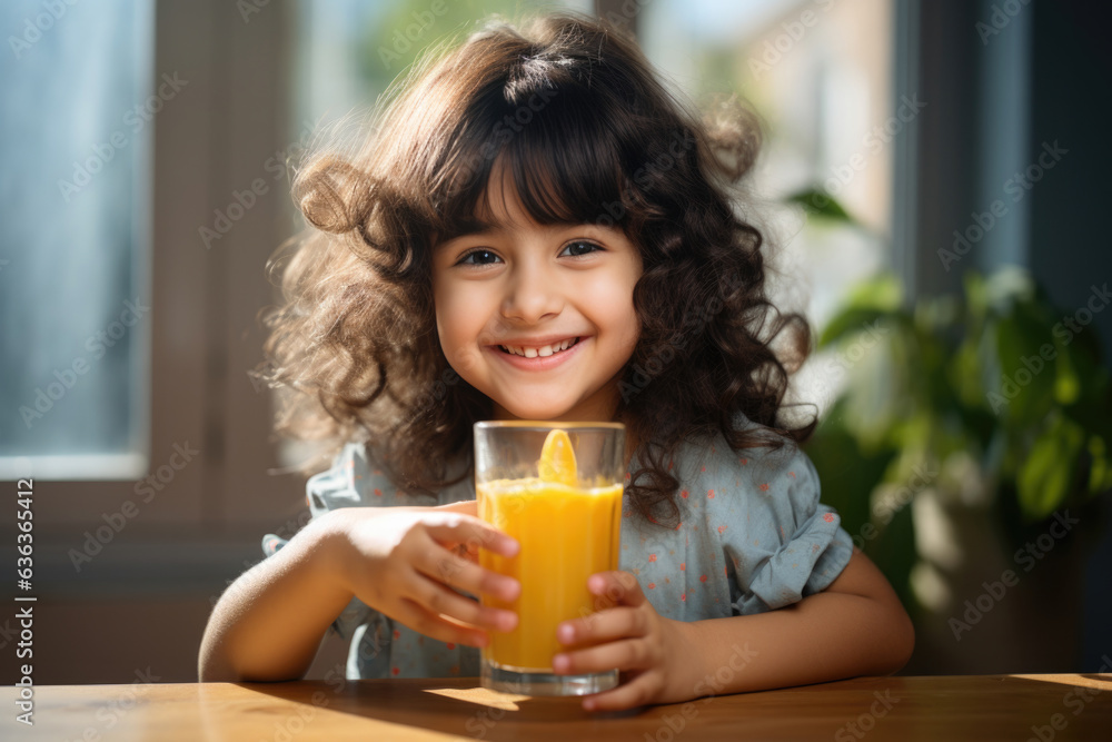 Cute little happy Indian boy or girl drinks fruit juice in a glass while sitting on a table Cute little happy Indian boy or girl drinks fruit juice in a glass while sitting on a table