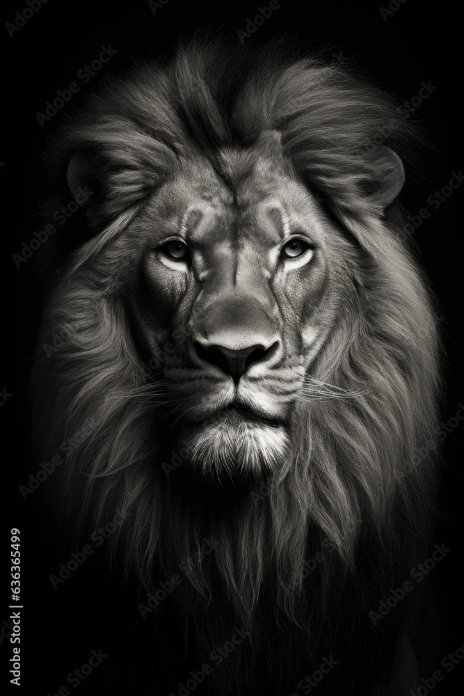 Lion in front of a black background (AI Generated) - obrazy, fototapety, plakaty 