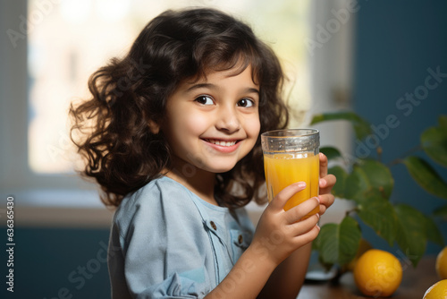 Cute little  happy Indian boy or girl drinks fruit juice in a glass while sitting on a table