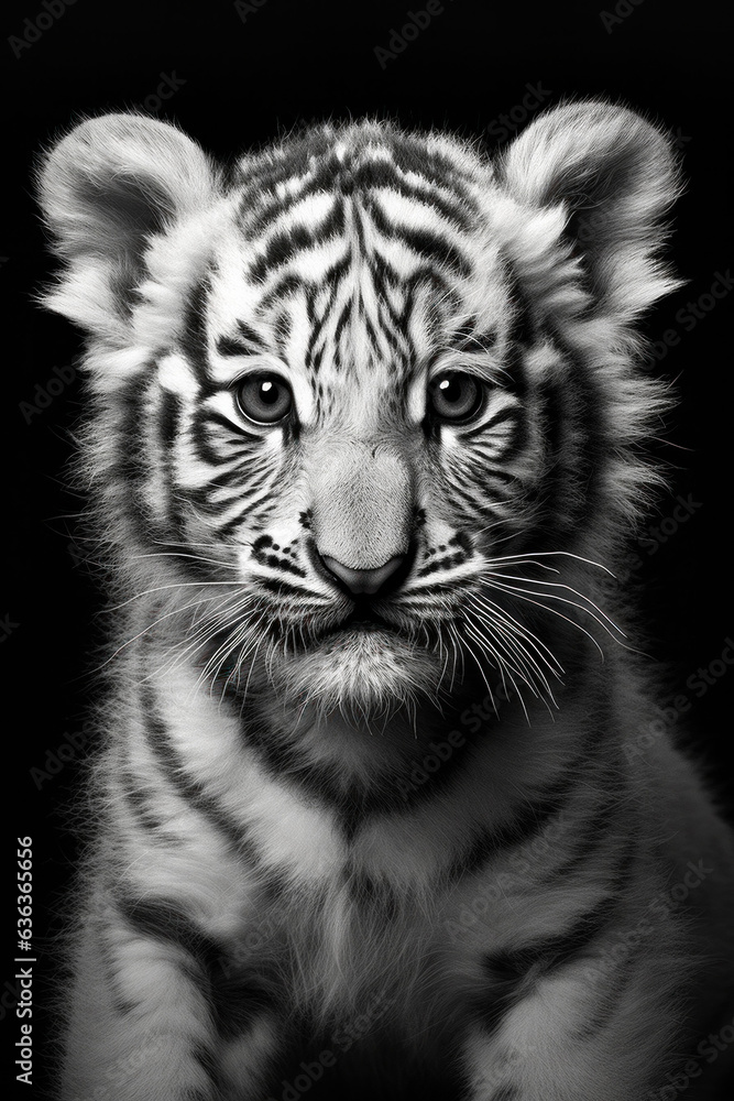 Black and white portrait of a little tiger in front of a black background (AI Generated) Black and white portrait of a little tiger in front of a black background (AI Generated)