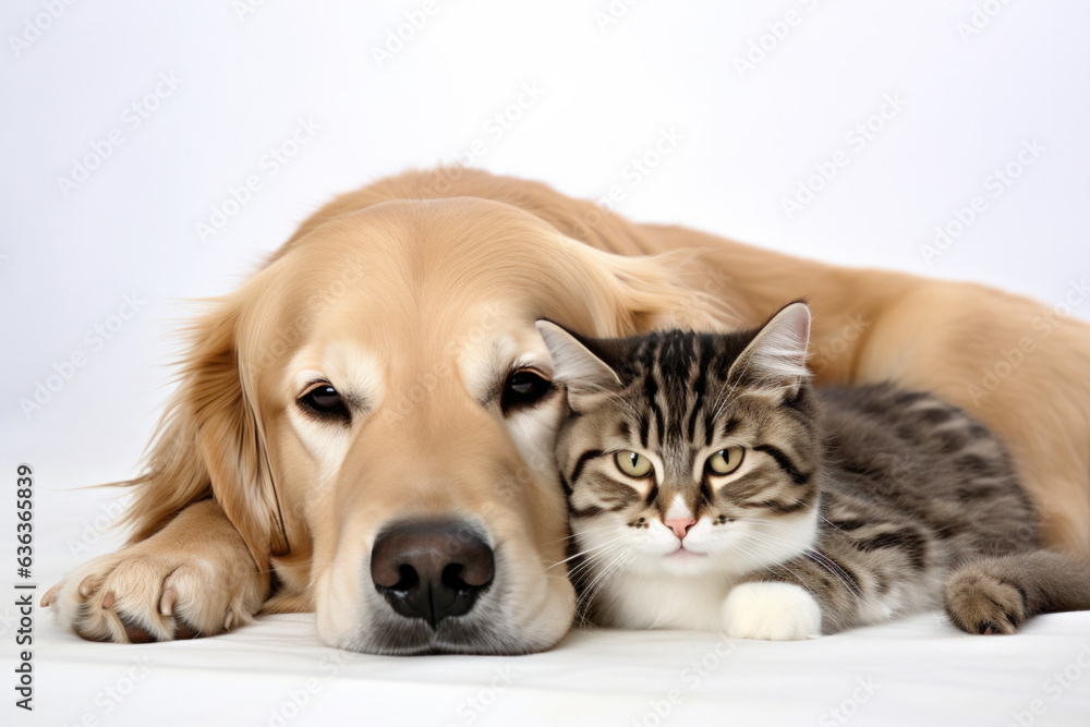 Cute dog and cat lying on the ground (AI Generated) 