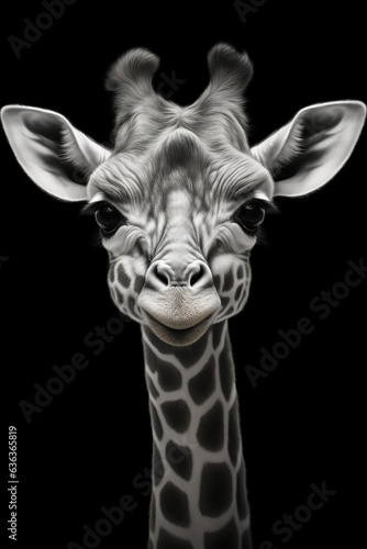 Black and white portrait of a giraffe in front of a black background (AI Generated) 