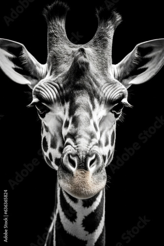Black and white portrait of a giraffe in front of a black background (AI Generated) 