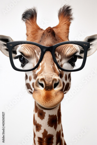 Funny giraffe with glasses in front of a white background (AI Generated)  © Djomas