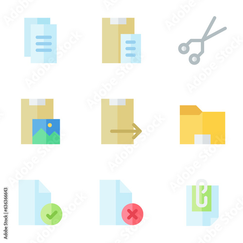 documents icon set, in flat style, including copy, duplicate, cut, folder, archive, and legal file. suitable for offices, business, work, and computers.