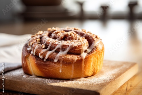 Fresh homemade Cinnamon roll on wooden table , AI Generated