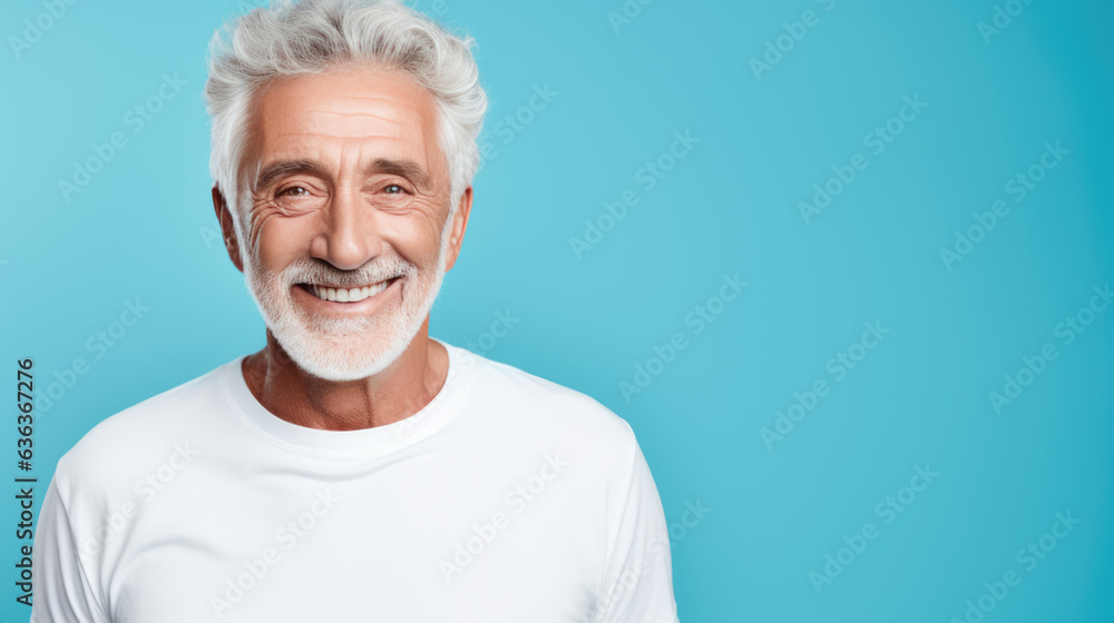 Senior man standing in front of camera in white T-shirt , isolated on blue background Senior man standing in front of camera in white T-shirt , isolated on blue background