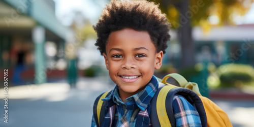 Little schoolboy stands outside the school with a backpack on his back. Back to school. Created with Generative AI technology.