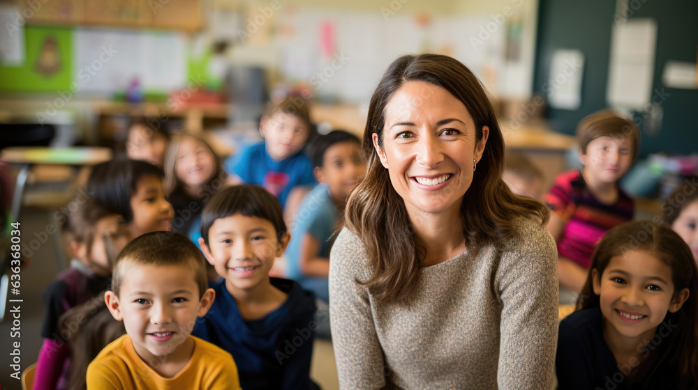 Portrait of happy female teacher in classroom in front of pupils Portrait of happy female teacher in classroom in front of pupils
