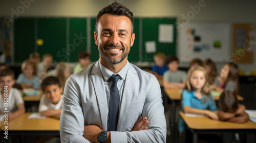 Portrait of happy male teacher in classroom in front of pupils