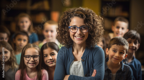 Portrait of happy female teacher in classroom in front of pupils
