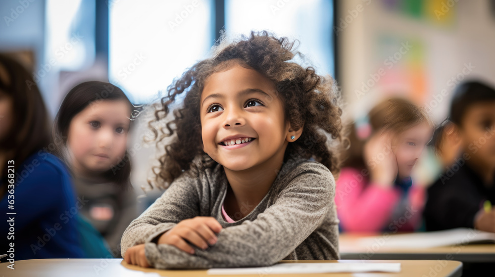 Little student sits at his desk at school and smiles Little student sits at his desk at school and smiles