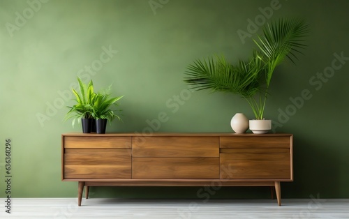 Interior with Wooden Sideboard and Plants on Green Background. Generative AI