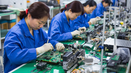Generative AI, workers work on the assembly line for the manufacture of electronics, the production of appliances, factory, factory, high technology, microcircuits, engineer photo