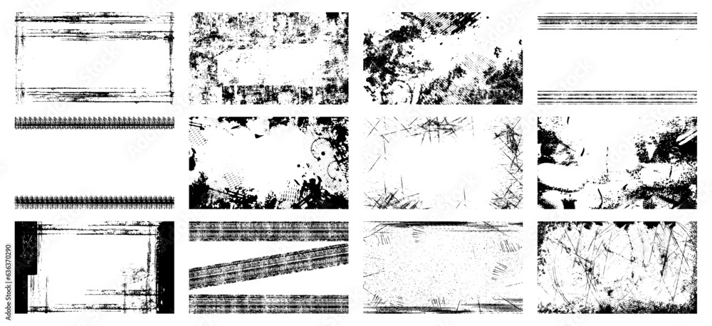 Overlay textures set stamp with grunge effect. Old damage Dirty grainy and scratches. Set of different distressed black grain texture. Distress overlay vector textures.	