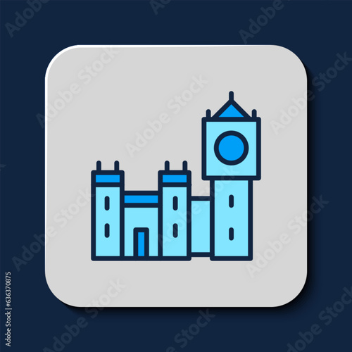 Filled outline Big Ben tower icon isolated on blue background. Symbol of London and United Kingdom. Vector