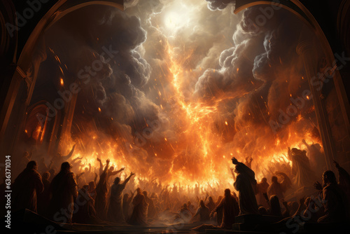 Spiritual Illumination: A Painting of the Upper Room, Disciples, and the Symbolic Fire Descent from Bible Stories photo