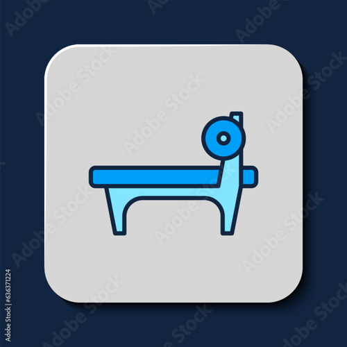 Filled outline Bench with barbel icon isolated on blue background. Gym equipment. Bodybuilding, powerlifting, fitness concept. Vector
