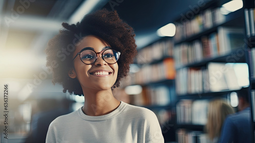 Happy cheerful African teen girl, smiling short-haired cute Black ethnic college student wearing eyeglasses looking away in modern university campus library.