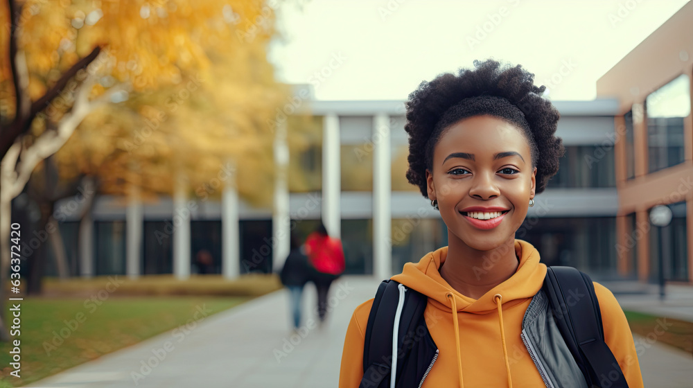 Happy cute African teenage girl, smiling confident short-haired cute Black ethnic college student standing arms crossed looking at camera in modern foreign university campus studying abroad. - obrazy, fototapety, plakaty 