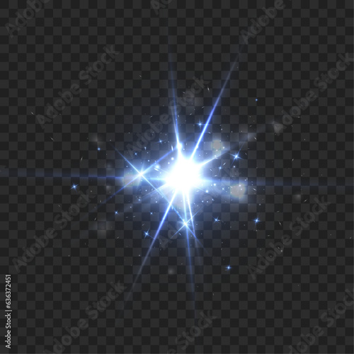 Abstract blue flash of light and laser beams with glitter. Isolated on transparent background. Vector for art and web design.