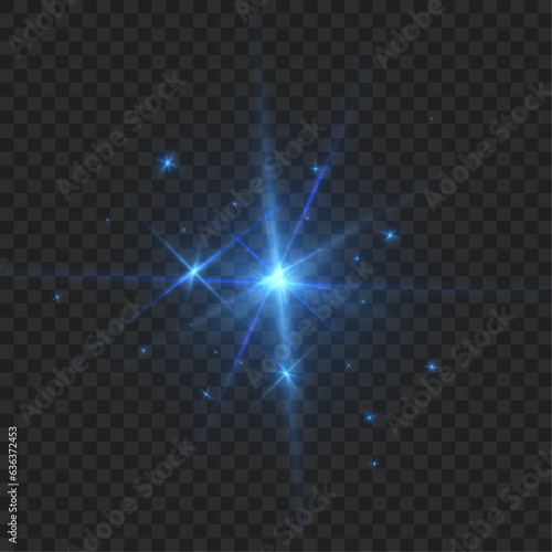 Abstract blue flash of light and laser beams with glitter. Isolated on transparent background. Vector for art and web design.