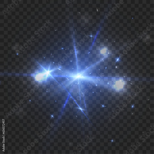 Abstract blue flash of light and laser beams with glitter. Isolated on transparent background. Vector for art and web design.