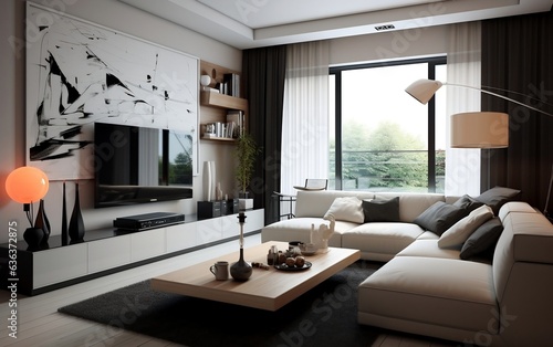 Contemporary White Interior with Gorgeous Backyard View. Generative AI