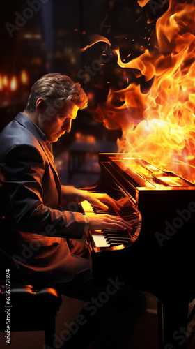 Man playing a blazing piano in fire