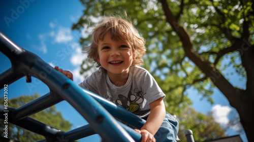 Fototapeta Naklejka Na Ścianę i Meble -  Child boy playing on playground equipment in the park
