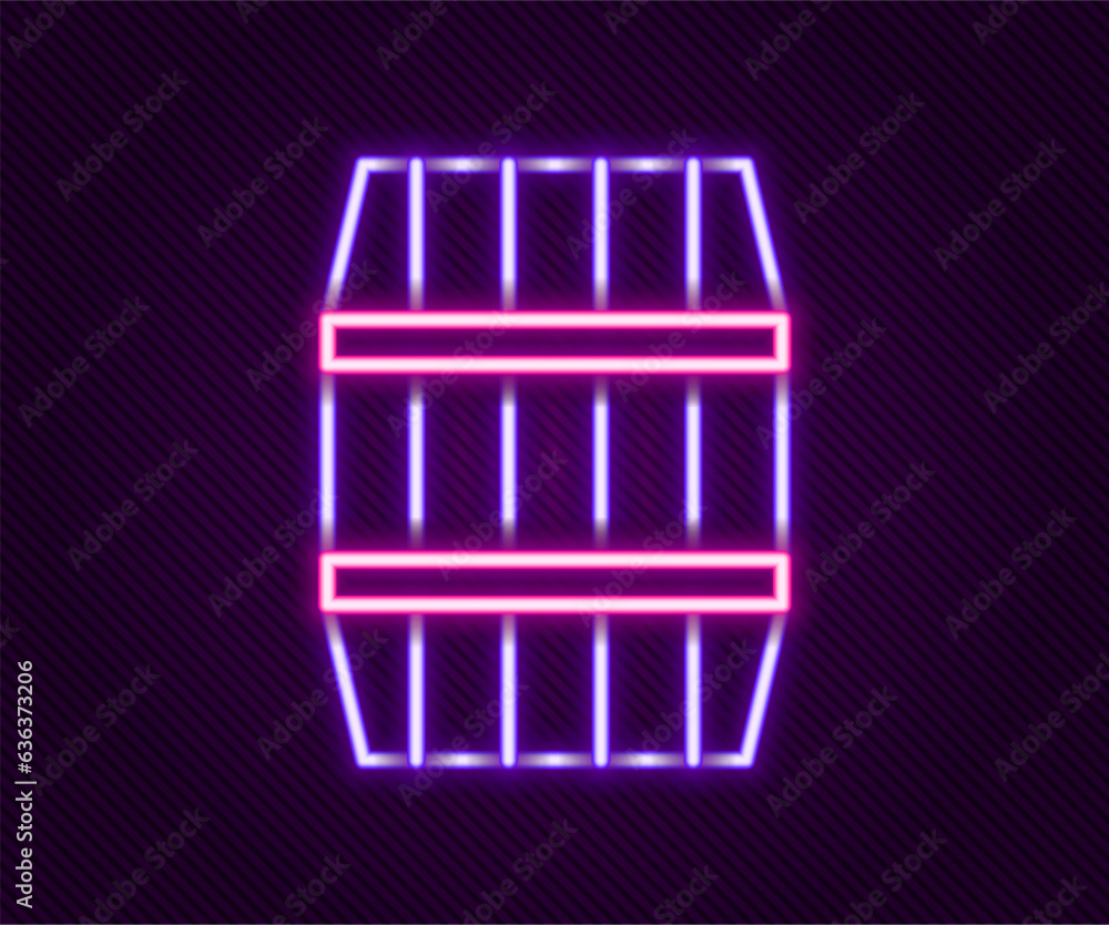 Glowing neon line Wooden barrel icon isolated on black background. Alcohol barrel, drink container, wooden keg for beer, whiskey, wine. Colorful outline concept. Vector