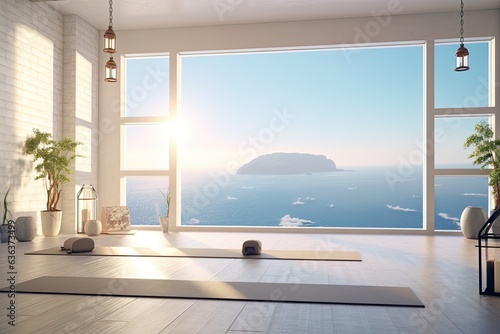 Clean and calm yoga studio with beautiful nature view. Interior design. Generative AI © AI Farm