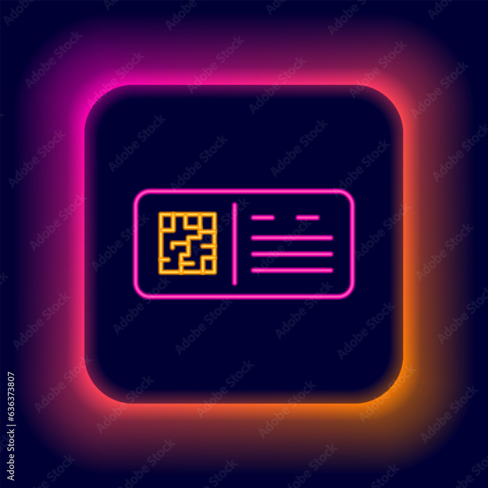 Glowing neon line QR code ticket train icon isolated on black background. Colorful outline concept. Vector Glowing neon line QR code ticket train icon isolated on black background. Colorful outline concept. Vector