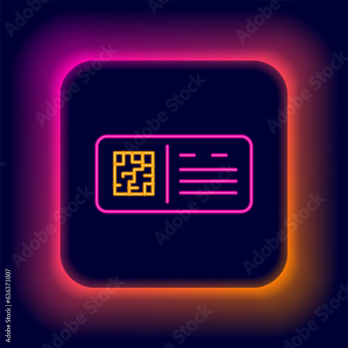 Glowing neon line QR code ticket train icon isolated on black background. Colorful outline concept. Vector