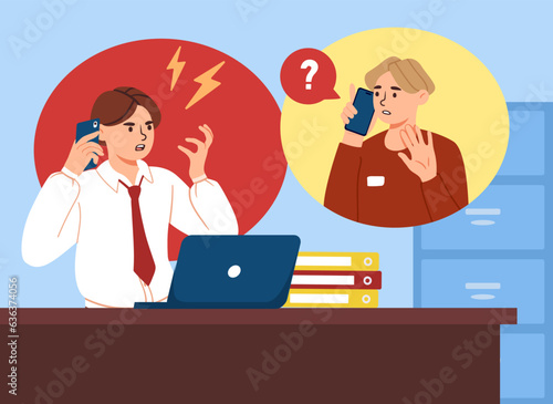 Angry boss with employee concept. Man yells at young guy on phone. Negativity and stress. Lazy employee and angry businessman, poor workflow organization. Cartoon flat vector illustration