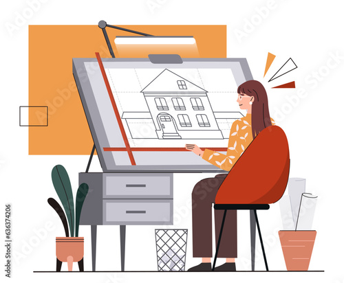 Architect woman at workplace concept. Young girl with blueprint. Designer make mock up of home or cottage. Engineering and architecture, construction. Cartoon flat vector illustration