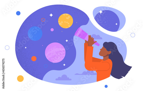 Woman with astronomy concept. Young girl with binoculars looks at night starry sky with planets. Astrology and education. Galaxies and universies, space. Cartoon flat vector illustration