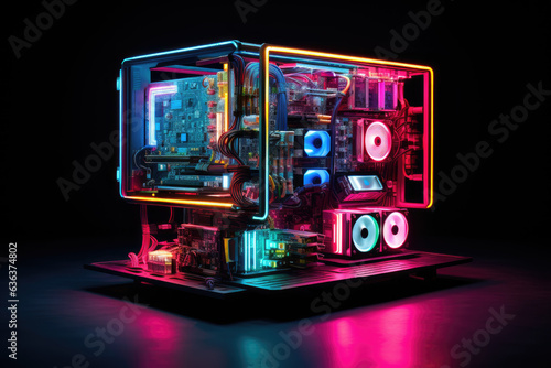 The concept of cryptocurrency mining in a visually compelling way. a dedicated mining setup with powerful hardware, bathed in colorful LED lights. AI Generative