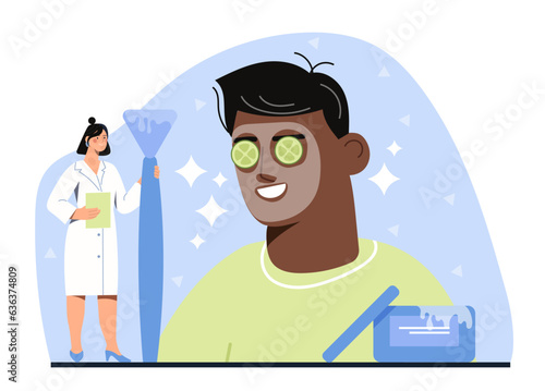 Care of skin concept. Woman in medical coat next to man with cucumber mask on his face. Beauty, aesthetics and elegance. Skin and body care, spa procedures. Cartoon flat vector illustration