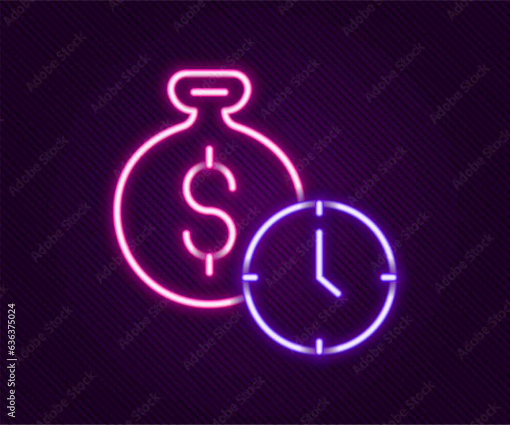 Glowing neon line Time is money icon isolated on black background. Money is time. Effective time management. Convert time to money. Colorful outline concept. Vector