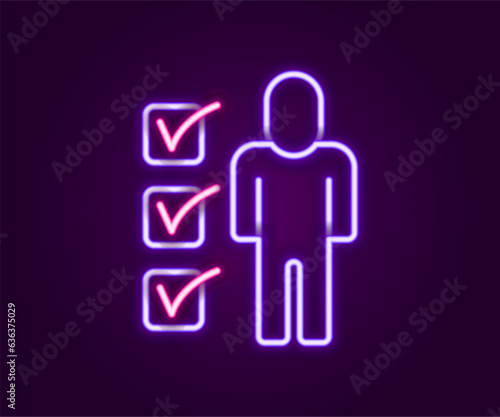 Glowing neon line Resume icon isolated on black background. CV application. Searching professional staff. Analyzing personnel resume. Colorful outline concept. Vector
