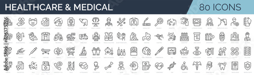 Set of 60 outline icons related to healthcare, medical, medicine. Linear icon collection. Editable stroke. Vector illustration