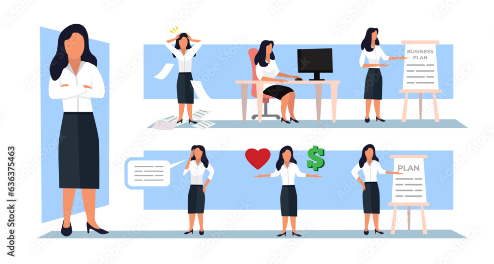 business lady accountant set. conversations, showing strategy, crisis, working in computer, labor force support staff, female cartoon characters in office. vector minimalistic drawn businesswomen set.