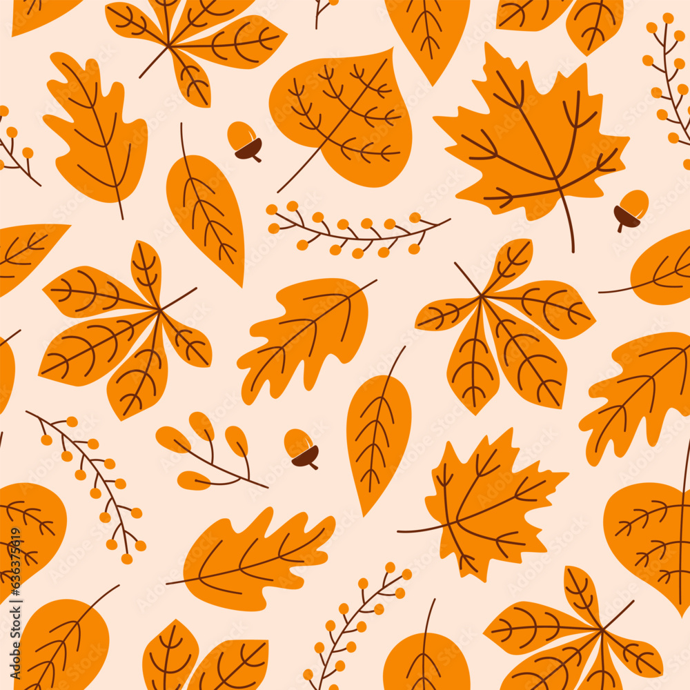 Autumn seamless pattern with season leaves, acorns and berries on a beige background. Modern seasonal pattern. Vector trendy design