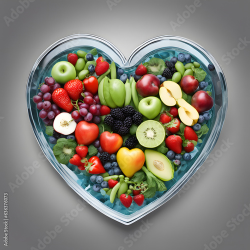 healthy nutrition eating with clean fruits and vegetables in heart dish by nutritionist.generative AI. © Iceman_31