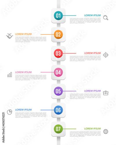 Vertical infographic timeline 7 steps to success. Business presentation, Timeline, Milestone, and Roadmap. Vector illustration.