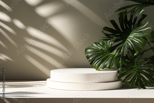 3d render of minimal product display podium with tropical palm leaves in the sunlight shadow and white color background. Generative AI illustration.