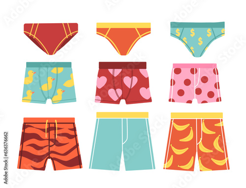 Set of man trunks concept. Beachwear for holidays in tropical and exotic countries, swimming pool. Vacation and travel. Cartoon flat vector collection isolated on white background
