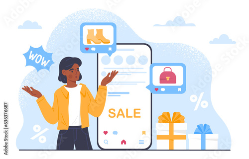 Woman with marketing in social media. Young girl with smartphone. Advertising and electronic commerce in social networks. SMM specialist with limited offer. Cartoon flat vector illustration